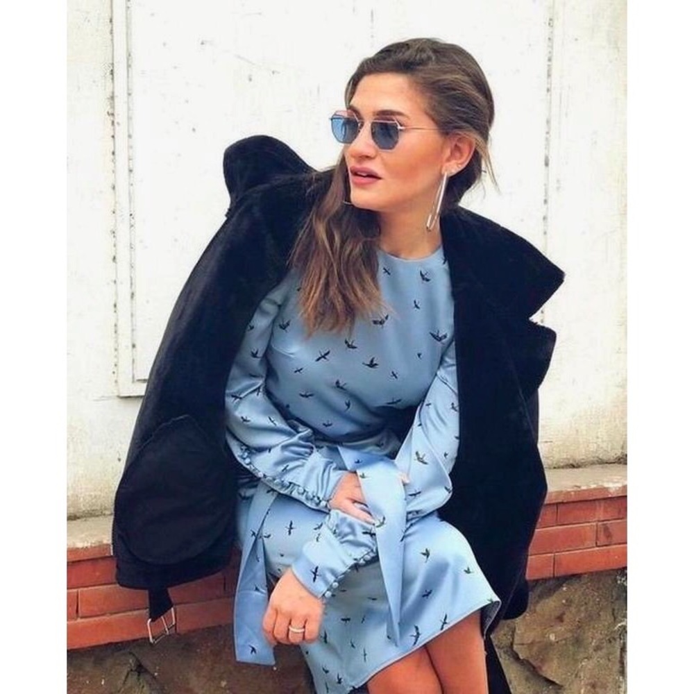 NWT H&M Crane Bird Blue Print Satin Midi Dress